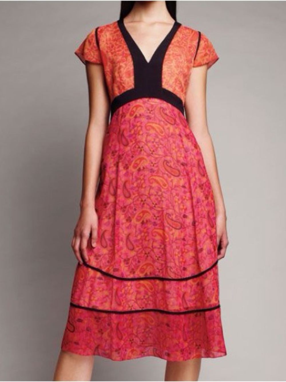Narciso Rodriguez Design Nation Pink Orange Paisley Black Trim VNeck Midi Dress